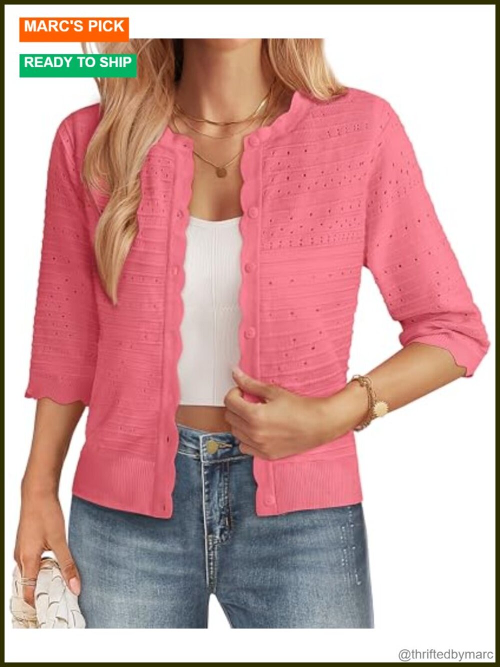 Womens 3/4 Sleeve Cropped Cardigan Lightweight Crochet Bolero Shrug Button Down